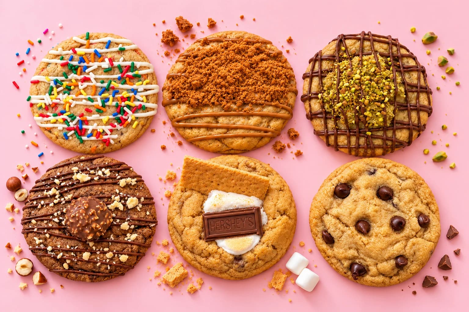 Birthday Cake, Biscoff, Dubai Chocolate, Ferrero Rocher, S'mores, and Chocolate Chip cookies on a soft pink background